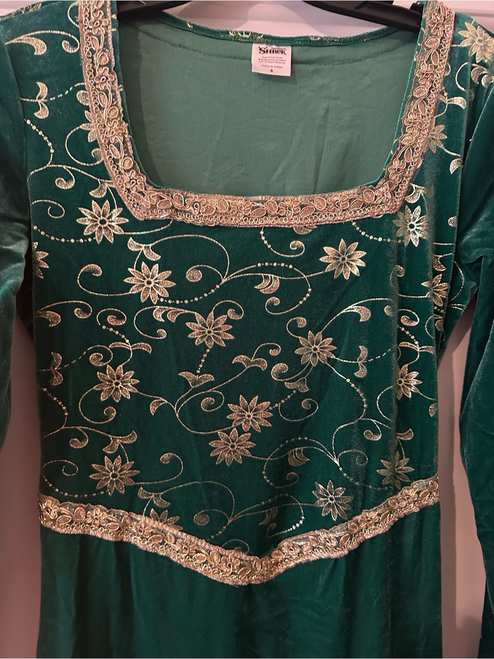 Embroidered Green Velvet Long-Sleeve Dress with Gold Trim